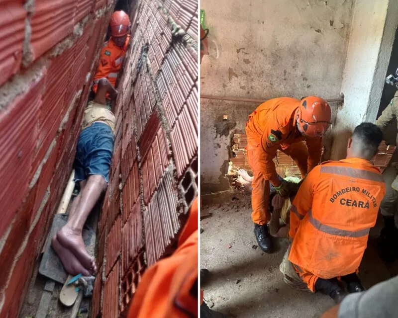 Idoso fica mais de nove horas preso entre paredes e é resgatado por bombeiros no interior do Ceará
