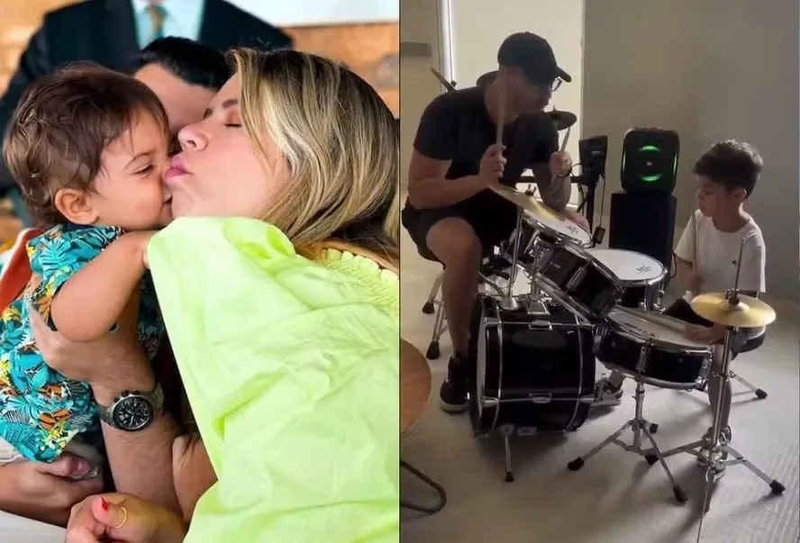 Léo, filho de Marília Mendonça, toca música da mãe em aula de bateria