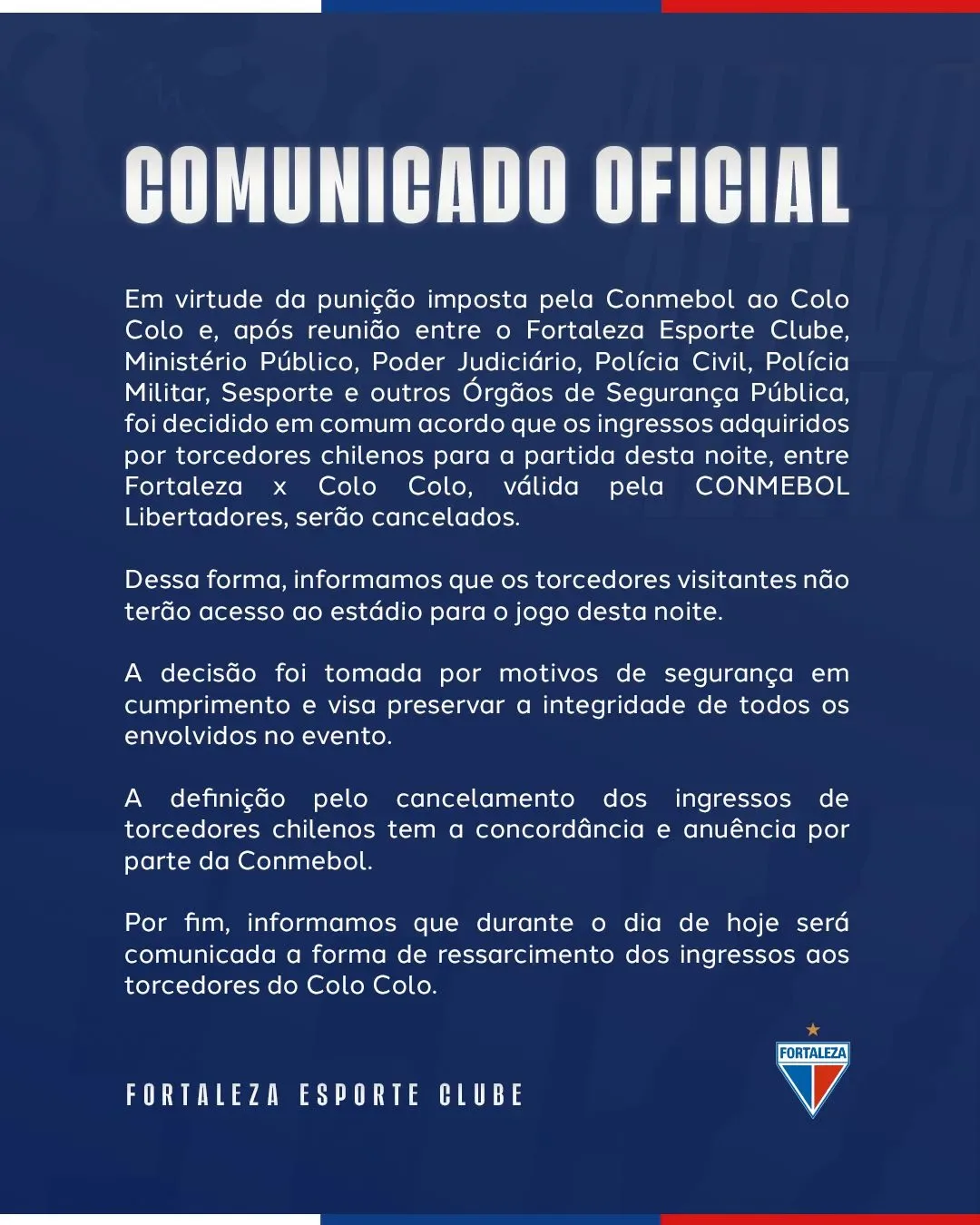 Fortaleza cancela ingressos de torcedores do Colo-Colo para partida pela Libertadores no Castelão