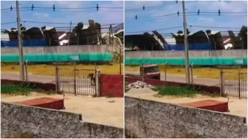 Cobertura de ginásio desaba após forte ventania em Pacatuba