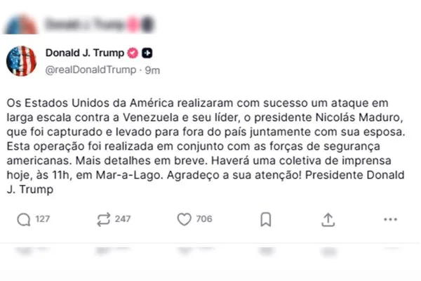 Trump confirma ataque à Venezuela e diz que Maduro foi capturado