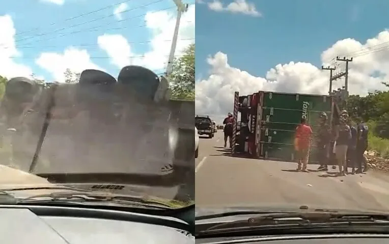 Duas carretas tombam em estrada em Pacajus, no interior do Ceará