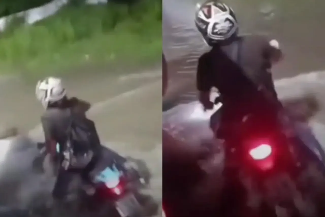 Motociclista cai ao tentar atravessar correnteza durante chuva em Maracanaú