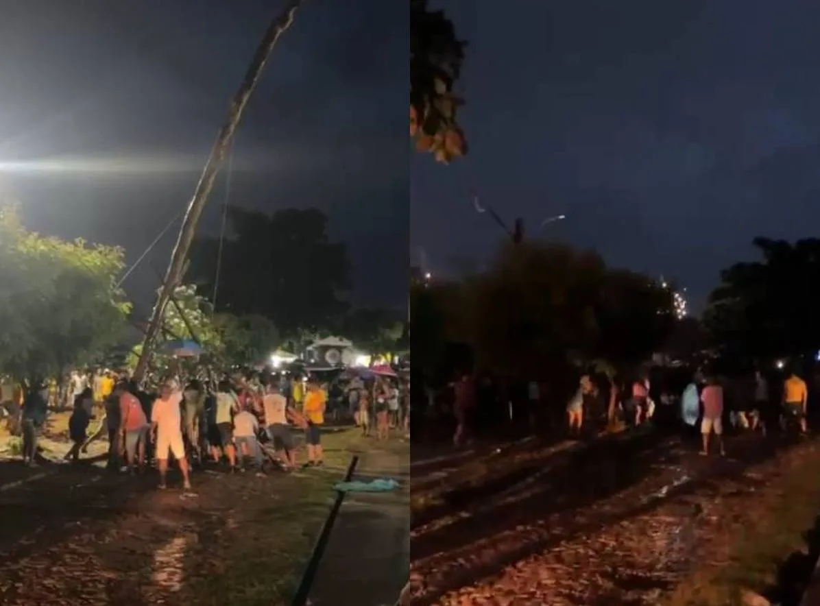 Mastro desaba sobre fiação durante hasteamento e provoca apagão em Barbalha, no Ceará