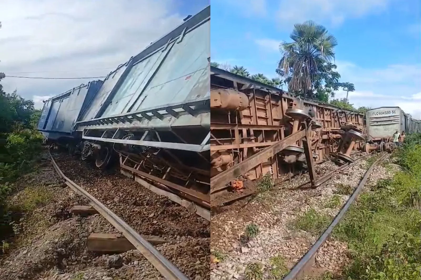 Vagões de trem descarrilam em uma linha férrea de Reriutaba, no interior do Ceará