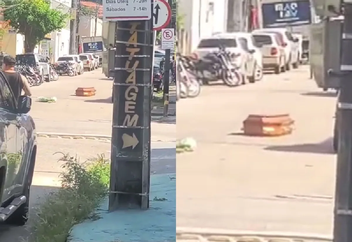 Caixão cai de carro de funerária no meio da rua no Centro de Fortaleza
