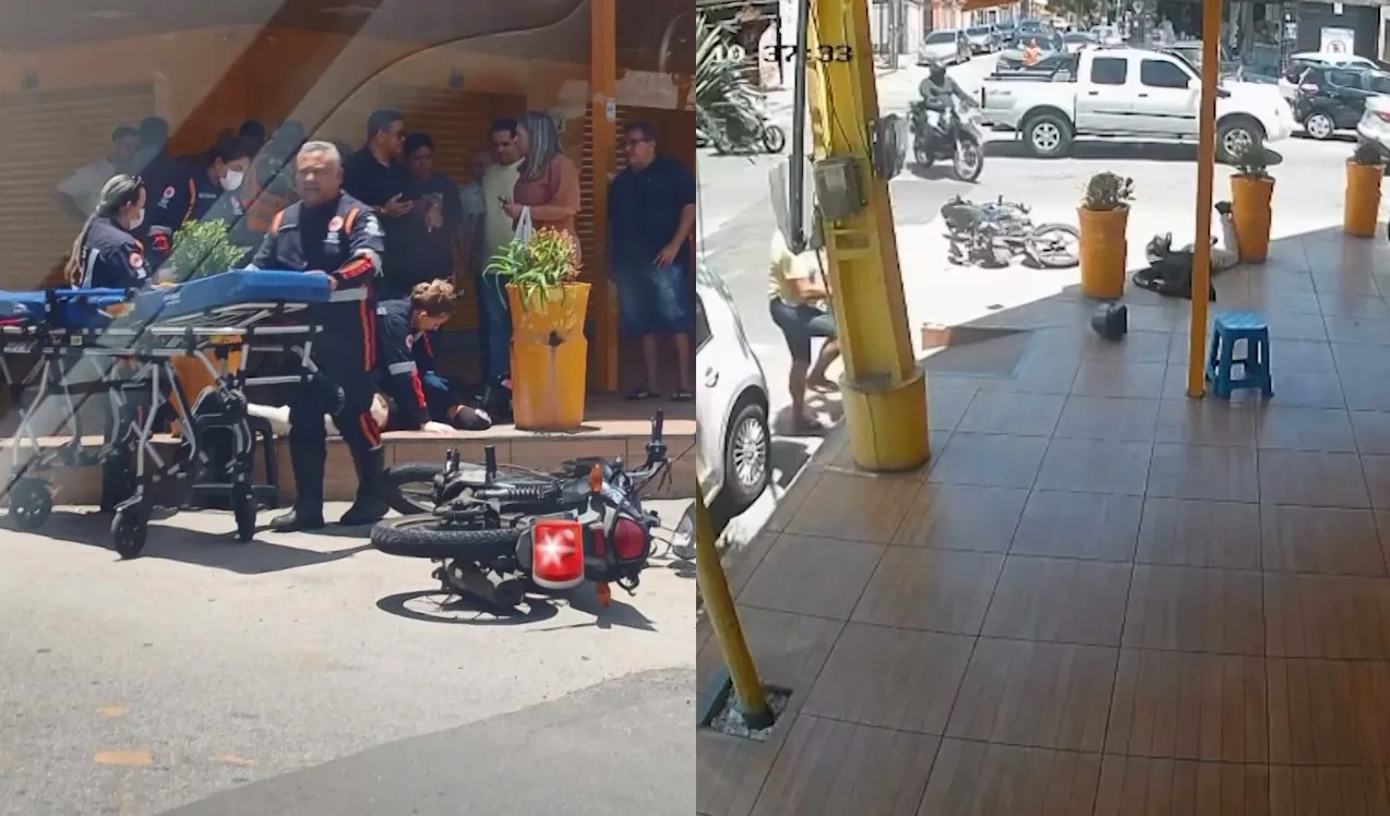 Câmera registra motociclista sendo lançado para calçada após acidente em Fortaleza