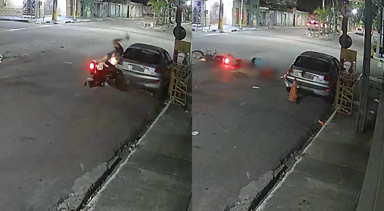 Câmeras flagram dois acidentes com motos durante a madrugada no mesmo cruzamento de Fortaleza