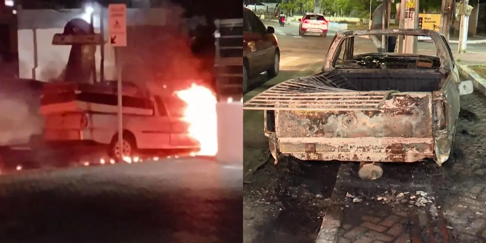 Carro de frete que transportava móveis pega fogo e fica destruído em Caucaia, no Ceará