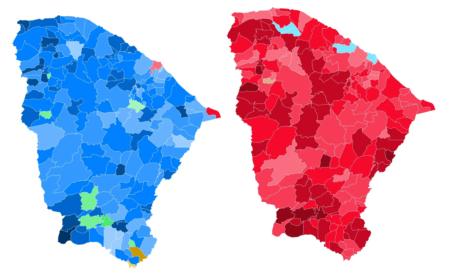 Mapas dos resultados das eleições de 2002 (à esquerda) e de 2022 (à direita), no Ceará. Em 2002, a maior parte do interior do estado votou no candidato do PSDB, Lúcio Alcâncatara, enquanto Fortaleza deu mais votos a José Airton, do PT. Já em 2022, exatamente 20 anos depois, Elmano de Freitas (PT) venceu em quase todo o interior do Ceará, enquanto Capitão Wagner (União Brasil) venceu na capital. Foto: Reprodução / Wikimedia Commons