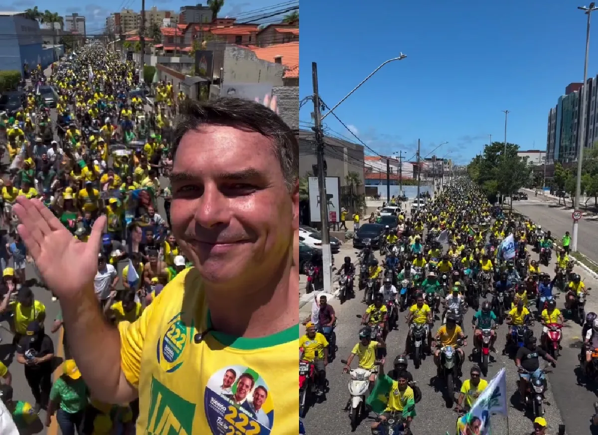 A programação incluiu uma motocarreata com apoiadores, que teve concentração na Orla da Atalaia. Foto: Reprodução / Instagram Flávio Bolsonaro participa de motocarreata em Aracaju e cita propostas para segurança e economia