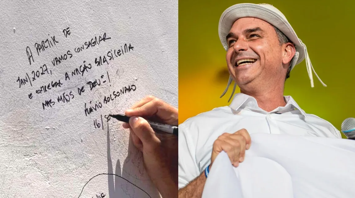 No Ceará, Flávio Bolsonaro escreve mensagem de campanha em estátua de Padre Cícero