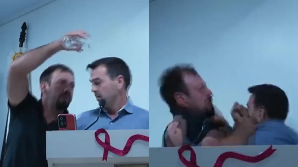 A sessão da Câmara de Campos Borges foi encerrada após Adriano Nogueira jogar água em Ivo Tiaraju Borba e os dois vereadores trocarem agressões. Foto: Reprodução/YouTube Vereadores trocam socos após parlamentar jogar água em colega durante sessão no RS