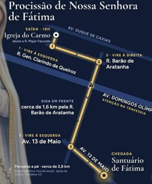 Os participantes seguirão em direção ao Santuário de Fátima, passando por ruas do Centro e chegando à Avenida 13 de Maio. Foto: Reprodução / Igreja de Fátima